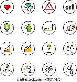 Line Vector Icon Set - Heart Vector, Care, Turn Left Road Sign, Arrows Up, Money Tree, Arrow, Growth, Career, Rise, Pennant, Opportunity, Reading, Palm, Flower, Satellite