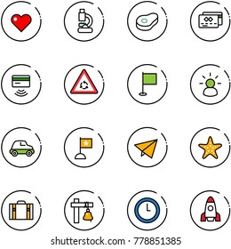 line vector icon set - heart vector, lab, meat, credit card, tap pay, round motion road sign, flag, idea, car, paper fly, starfish, suitcase, ship bell, clock, rocket