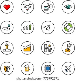 line vector icon set - heart vector, christmas deer, tonometer, eye, drop hand, arrows up, paper fly, circle chart, winner, growth, opportunity, palm, flip flops, beer, cpu, plane
