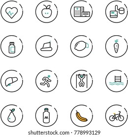 line vector icon set - heart pulse vector, apple, hospital building, tonometer, pills bottle, treadmill, lemon, carrot, liver, run, pull ups, pool, pear, milk, banana, bike