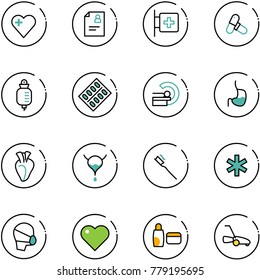 line vector icon set - heart vector, patient card, first aid room, pills, drop counter, blister, mri, stomach, bladder, tooth brush, ambulance star, medical mask, uv cream, lawn mower