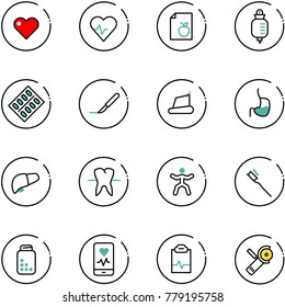 line vector icon set - heart vector, pulse, diet list, drop counter, pills blister, scalpel, treadmill, stomach, liver, tooth, gymnastics, brush, bottle, mobile monitor, clipboard, Angular grinder