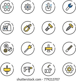 line vector icon set - heart gear vector, casting of steel, wrench, plant, side cutters, bolt, screw, rivet, wood drill, milling cutter, crown, machine, welding