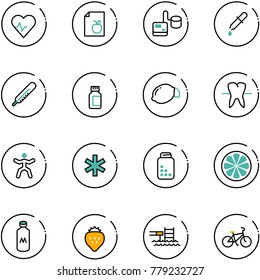 line vector icon set - heart pulse vector, diet list, tonometer, pipette, thermometer, pills bottle, lemon, tooth, gymnastics, ambulance star, slice, milk, strawberry, pool, bike