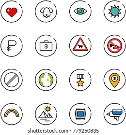 line vector icon set - heart vector, dog, eye, sun, ruble, money case, cow road sign, no horn, limit, globe, star medal, atm map pin, rainbow, pyramid, cpu, water gun