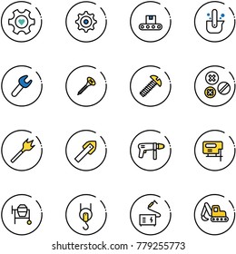 line vector icon set - heart gear vector, conveyor, casting of steel, wrench, screw, rivet, wood drill, tile, machine, jig saw, cocncrete mixer, winch, welding, excavator toy