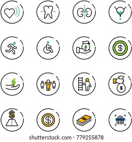 line vector icon set - heart beat vector, tooth, kidneys, bladder, run, disabled, investment, dollar, hand sproute, team leader, opportunity, rich, fingerprint scanner