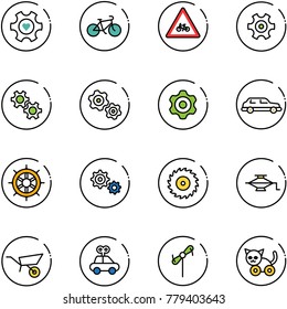 line vector icon set - heart gear vector, bike, road for moto sign, gears, limousine, hand wheel, saw disk, jack, wheelbarrow, car toy, windmill, cat