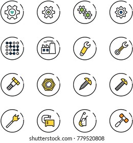 line vector icon set - heart gear vector, circuit, plant, wrench, bolt, nut, screw, wood drill, machine tool, winch, toy hammer