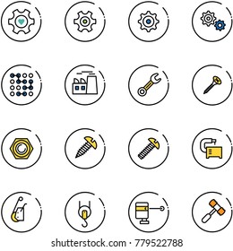 line vector icon set - heart gear vector, circuit, plant, wrench, screw, nut, machine tool, winch, laser lever, toy hammer