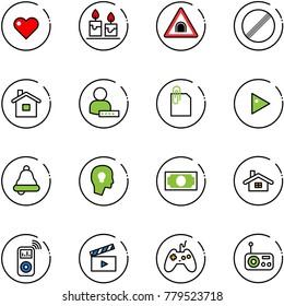 line vector icon set - heart vector, candle, tunnel road sign, no limit, home, user password, attachment, play, bell, head bulb, money, music player, movie flap, joystick, radio