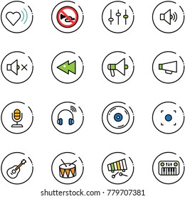 line vector icon set - heart beat vector, no horn road sign, settings, volume medium, off, fast backward, loudspeaker, microphone, wireless headphones, cd, record button, guitar, drum, xylophone