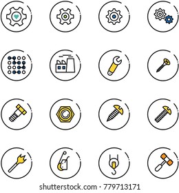 line vector icon set - heart gear vector, circuit, plant, wrench, screw, bolt, nut, wood drill, winch, toy hammer