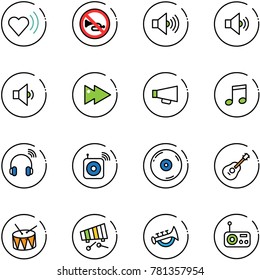 line vector icon set - heart beat vector, no horn road sign, volume max, medium, low, fast forward, loudspeaker, music, wireless headphones, speaker, cd, guitar, drum, xylophone, toy, radio
