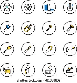 line vector icon set - heart gear vector, water power plant, casting of steel, wrench, side cutters, screw, wood drill, tile, machine, tool, winch, welding, stapler