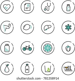 line vector icon set - heart pulse vector, patient card, stethoscope, pills bottle, power hand, lemon, liver, ambulance star, bike, slice, sweet pepper, pear, milk, garbage, pool