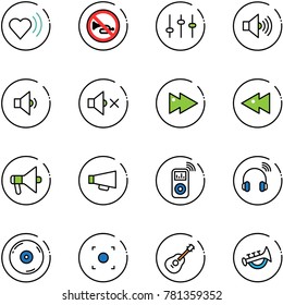 line vector icon set - heart beat vector, no horn road sign, settings, volume max, low, off, fast forward, backward, loudspeaker, music player, wireless headphones, cd, record button, guitar, toy