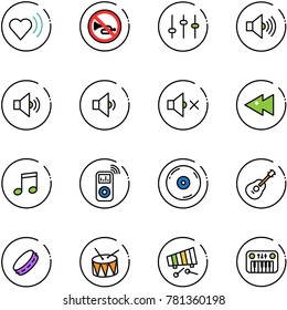 line vector icon set - heart beat vector, no horn road sign, settings, volume max, medium, low, off, fast backward, music, player, cd, guitar, tambourine, drum, xylophone, toy piano