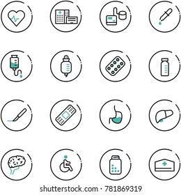 line vector icon set - heart pulse vector, hospital building, tonometer, pipette, drop counter, pills blister, vial, scalpel, medical patch, stomach, liver, brain, disabled, bottle, doctor hat