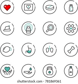 line vector icon set - heart vector, first aid kit, pill, pills bottle, treadmill, mri, bacteria, gear, lemon, stomach, lungs, broken bone, care, drop hand, weight, milk
