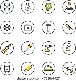 line vector icon set - heart gear vector, money bag, brain work, reading, case, hammer, knife, pliers, wood drill, winch, tool cabinet, construction helmet, wheelbarrow