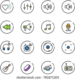 line vector icon set - heart beat vector, settings, volume max, medium, fast backward, loudspeaker, music, microphone, wireless headphones, speaker, cd, record button, guitar, tambourine, horn toy