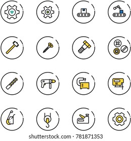 line vector icon set - heart gear vector, conveyor, sledgehammer, screw, bolt, rivet, drill, machine, tool, jig saw, winch, stapler
