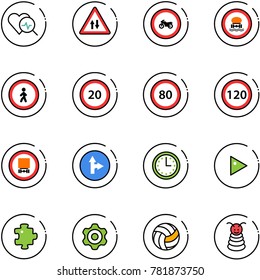line vector icon set - heart diagnosis vector, oncoming traffic road sign, no moto, dangerous cargo, pedestrian, speed limit 20, 80, 120, only forward right, time, play, puzzle, gear, volleyball