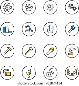 line vector icon set - heart gear vector, water power plant, conveyor, casting of steel, wrench, hammer, sledgehammer, tile drill, machine tool, winch, welding, sharpening