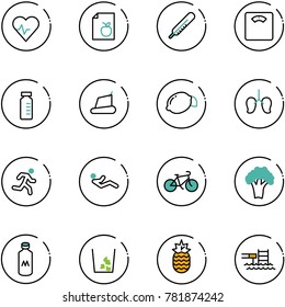 line vector icon set - heart pulse vector, diet list, thermometer, floor scales, vial, treadmill, lemon, lungs, run, abdominal muscles, bike, broccoli, milk, garbage, pineapple, pool