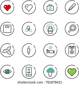 line vector icon set - heart vector, doctor bag, thermometer, floor scales, pills, mri, bacteria, three leafs, carrot, hospital bed, pull ups, eye, mobile monitor, broccoli