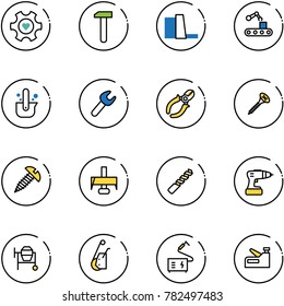 line vector icon set - heart gear vector, work, water power plant, conveyor, casting of steel, wrench, side cutters, screw, milling cutter, drill, cocncrete mixer, winch, welding, stapler