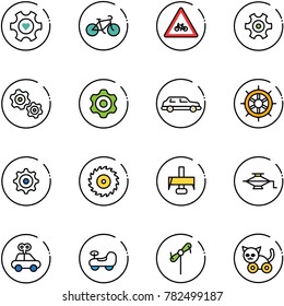 line vector icon set - heart gear vector, bike, road for moto sign, gears, limousine, hand wheel, saw disk, milling cutter, jack, car toy, baby, windmill, cat