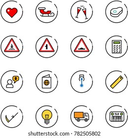 line vector icon set - heart vector, sleigh, wine glasses, meat, pedestrian road sign, intersection, artificial unevenness, calculator, money dialog, passport, laser, ruler, scythe, bulb, truck toy