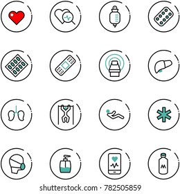 line vector icon set - heart vector, diagnosis, drop counter, pills blister, medical patch, mri, liver, lungs, pull ups, abdominal muscles, ambulance star, mask, liquid soap, mobile monitor, milk