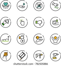 line vector icon set - heart care vector, drop hand, fork spoon plate, investment, cash pay, touch, dislike, growth, rich, key, success, kite, bucksaw, drill machine