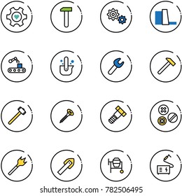 line vector icon set - heart gear vector, work, water power plant, conveyor, casting of steel, wrench, hammer, sledgehammer, screw, bolt, rivet, wood drill, tile, cocncrete mixer, welding