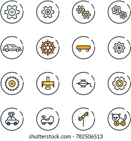 line vector icon set - heart gear vector, gears, limousine, hand wheel, skateboard, saw disk, milling cutter, jack, car toy, baby, windmill, cat