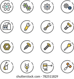 line vector icon set - heart gear vector, plant, wrench, bolt, nut, screw, wood drill, winch, laser lever, toy hammer