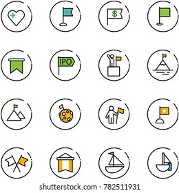 line vector icon set - heart vector, flag, dollar, ipo, win, mountain, moon, flags cross, pennant, sailboat toy