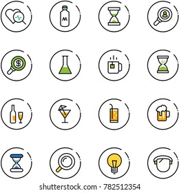 line vector icon set - heart diagnosis vector, milk, sand clock, head hunter, search money, flask, green tea, wine, drink, beer, magnifier, bulb, protect glass