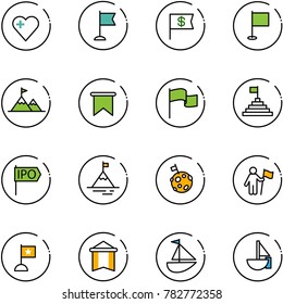 line vector icon set - heart vector, flag, dollar, attainment, pyramid, ipo, mountain, moon, win, pennant, sailboat toy