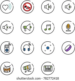 line vector icon set - heart beat vector, no horn road sign, volume medium, low, off, loudspeaker, music, microphone, player, wireless headphones, record button, tambourine, drum, xylophone