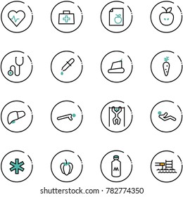 line vector icon set - heart pulse vector, doctor bag, diet list, apple, stethoscope, pipette, treadmill, carrot, liver, push ups, pull, abdominal muscles, ambulance star, sweet pepper, milk, pool