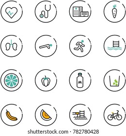 line vector icon set - heart pulse vector, stethoscope, hospital building, carrot, lungs, push ups, run, pool, lemon slice, sweet pepper, milk, garbage, banana, watermelone, bike