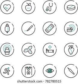 line vector icon set - heart pulse vector, apple, stethoscope, pill, drop counter, scalpel, medical patch, mri, three leafs, hospital bed, run, pull ups, eye, forceps
