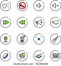 line vector icon set - heart beat vector, no horn road sign, low volume, off, fast forward, backward, loudspeaker, microphone, music player, record button, guitar, tambourine, xylophone, toy, piano