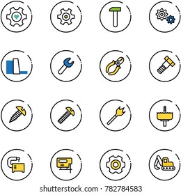 line vector icon set - heart gear vector, work, water power plant, wrench, side cutters, bolt, screw, wood drill, crown, machine tool, jig saw, excavator toy