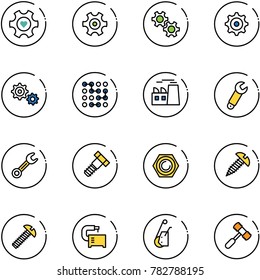line vector icon set - heart gear vector, circuit, plant, wrench, bolt, nut, screw, machine tool, winch, toy hammer