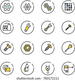 line vector icon set - heart gear vector, circuit, plant, wrench, screw, bolt, nut, wood drill, machine tool, winch, laser lever